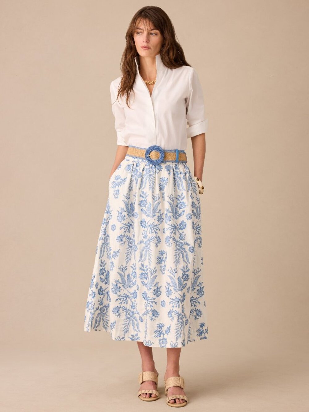 J McLaughlin Winnie Linen Blend Embroidered Skirt - Off White/Blue NEW